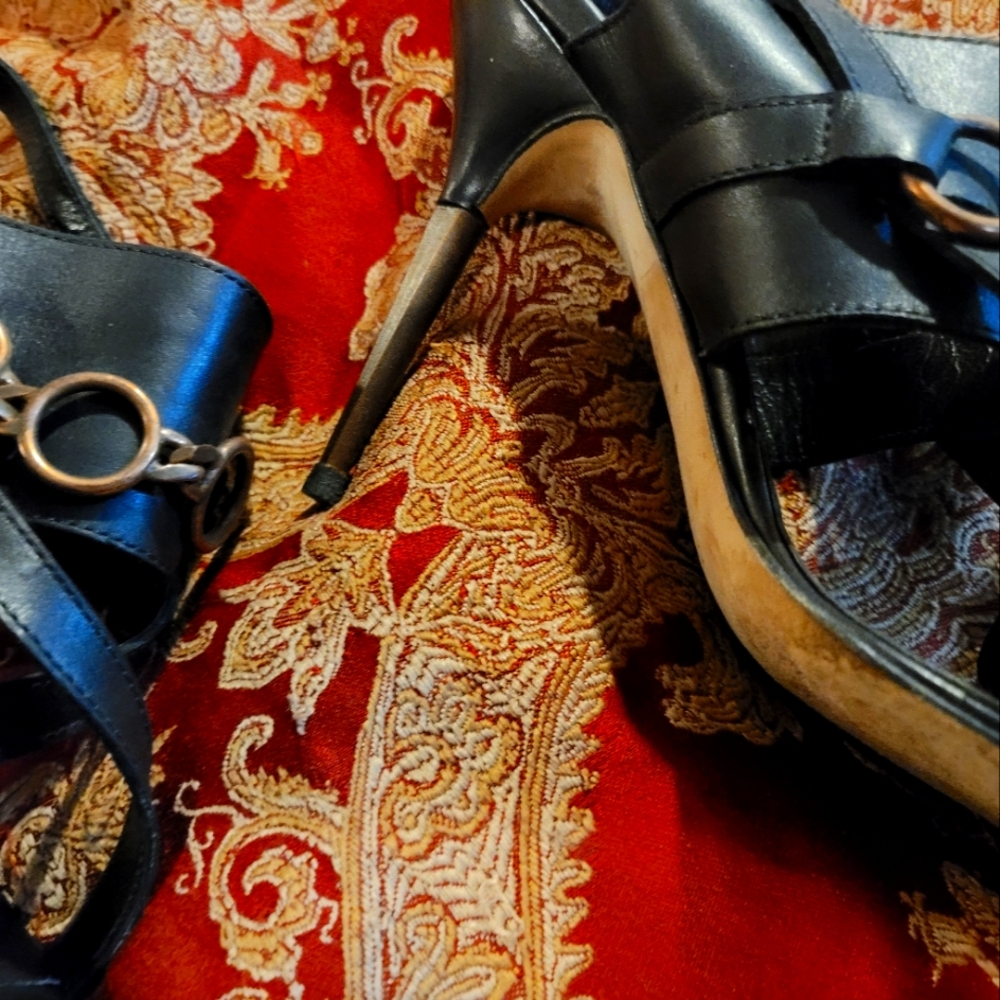 womens heeled sandals with copper embellishments